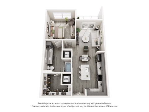 Floor plan for 1 bed, 1 bath, 770 sqft